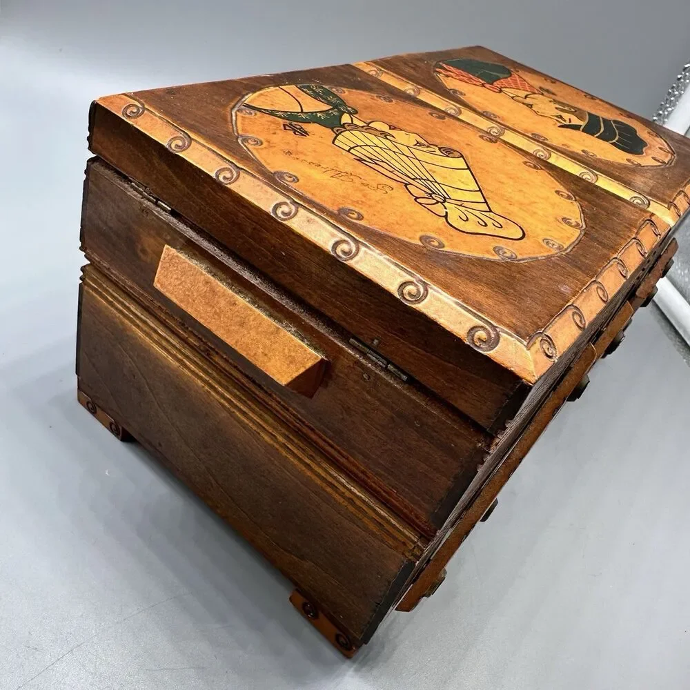 VINTAGE Wood Tiered Hand Painted Accordion Fold Out Sewing Box 9 X 5 X 4